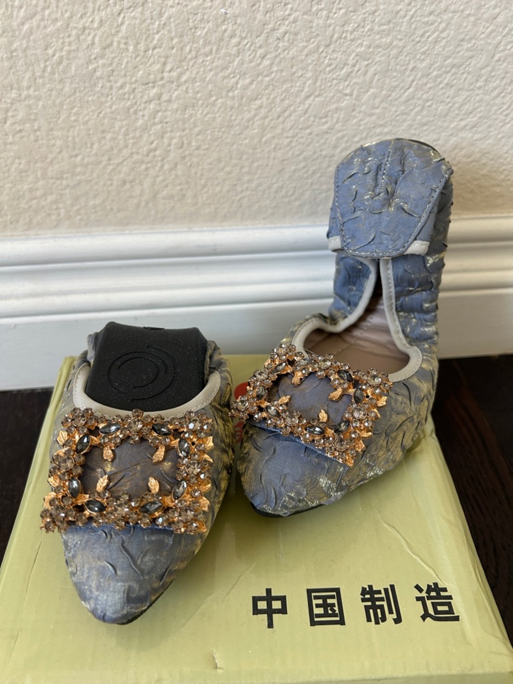 Embellished Blue Brocade Pointed Toe Flats